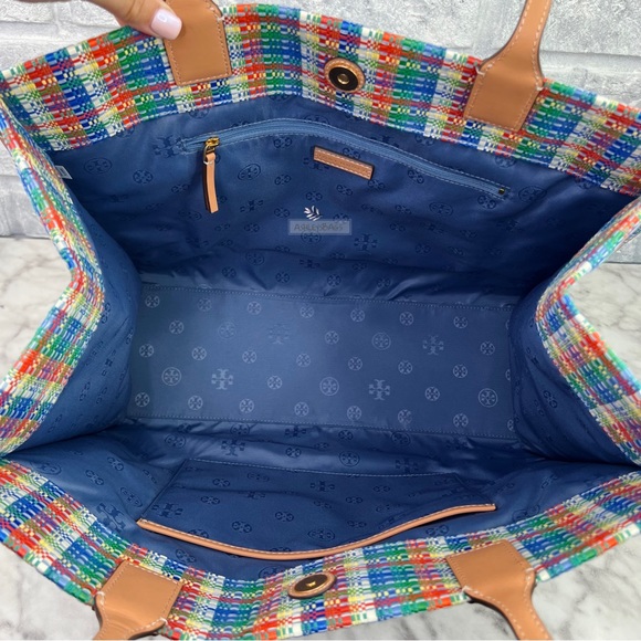 Tory Burch Ella Poly Woven Nylon Large Tote In Tory Navy Multi - Picture 8 of 11